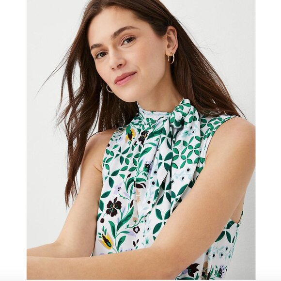 Ann Taylor White Floral Tie Neck Sleeveless Tank Blouse - Picture 1 of 12